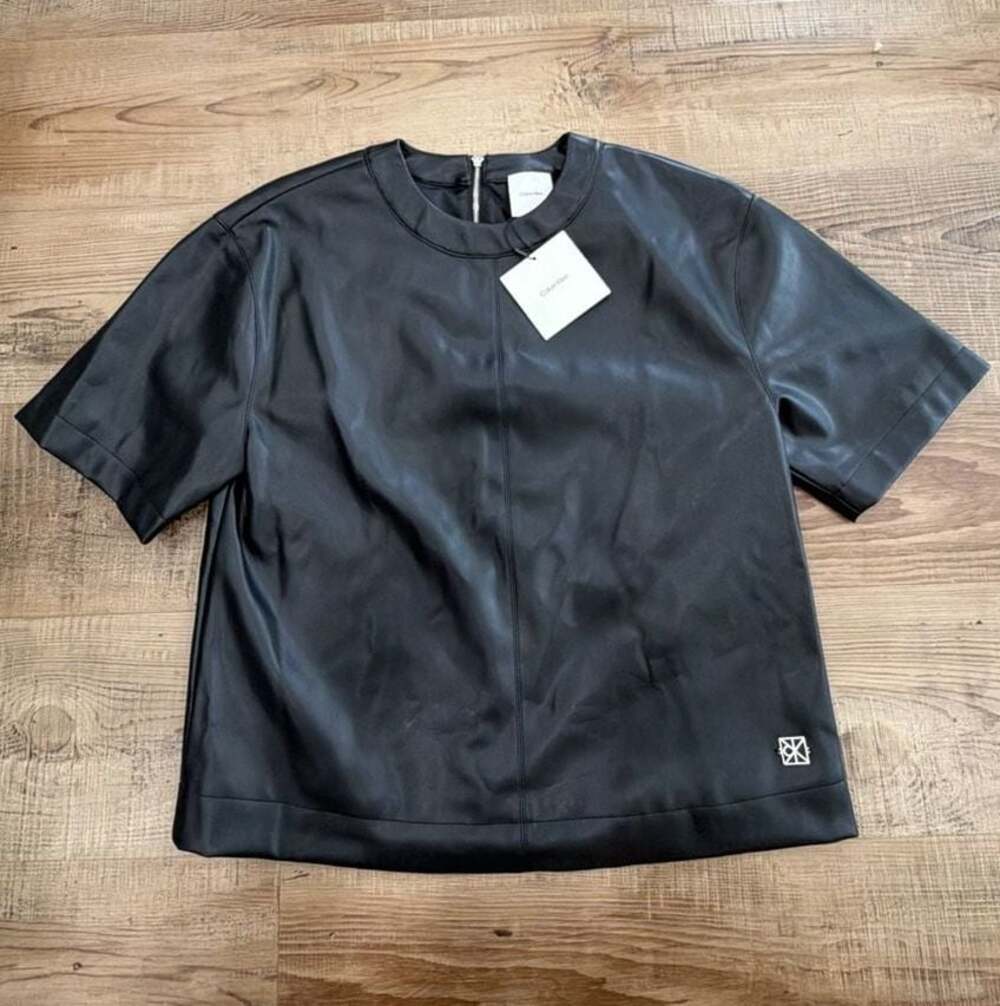 BNWT Calvin Klein Faux Vegan Leather Short Sleeve Boxy Top business $109 retail!